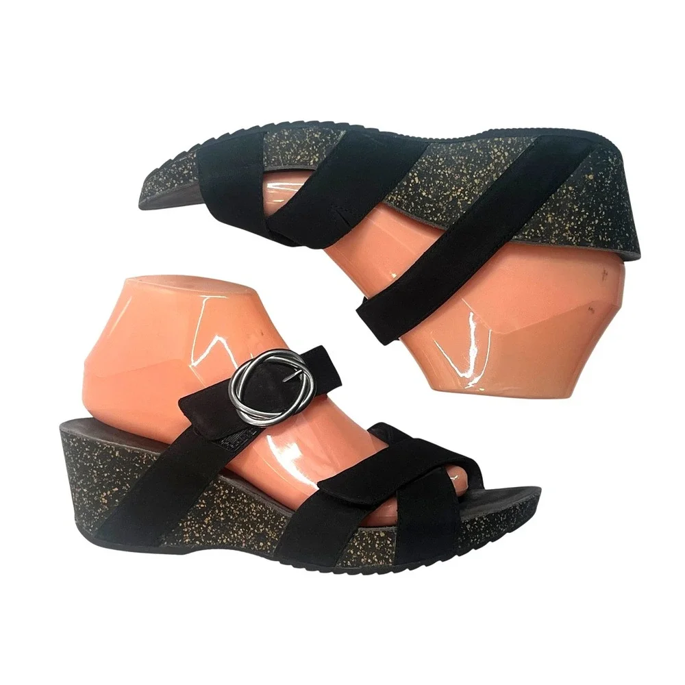 Dansko Sandals‎ Black Nubuck Strap Wedge Faux Buckle EU 40 9.5-10 US Susie